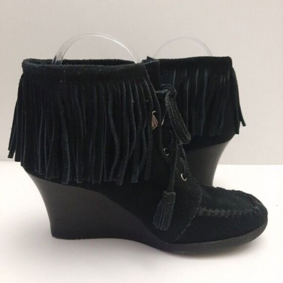 MINNETONKA Fringe Suede Lace-Up Wedge Heel Booties Black Size 6.5 - Picture 12 of 16